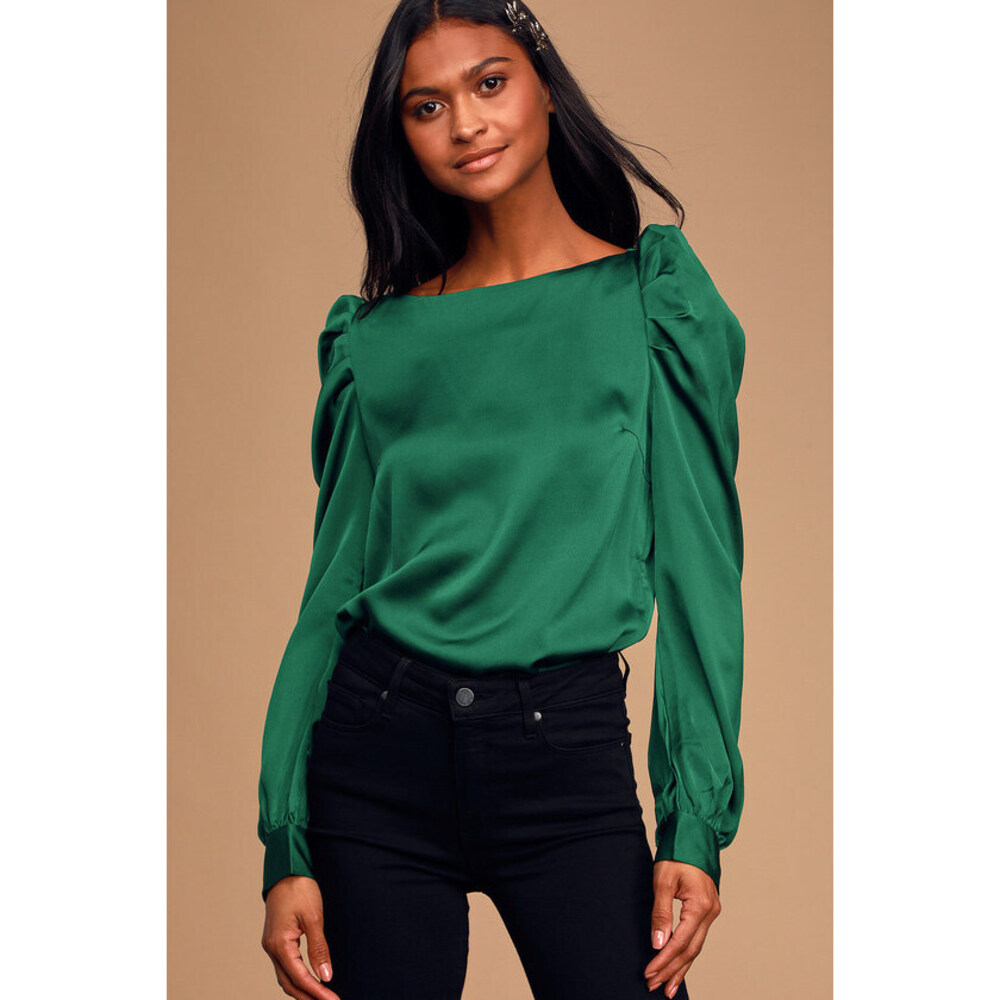Lulus Love You Dearly Forest Green Satin Long Sleeve Top - Size S